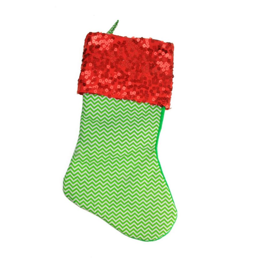 Stockings & Holders * | Northlight 19 Green And Red Chevron Sequin Cuff Christmas Stocking