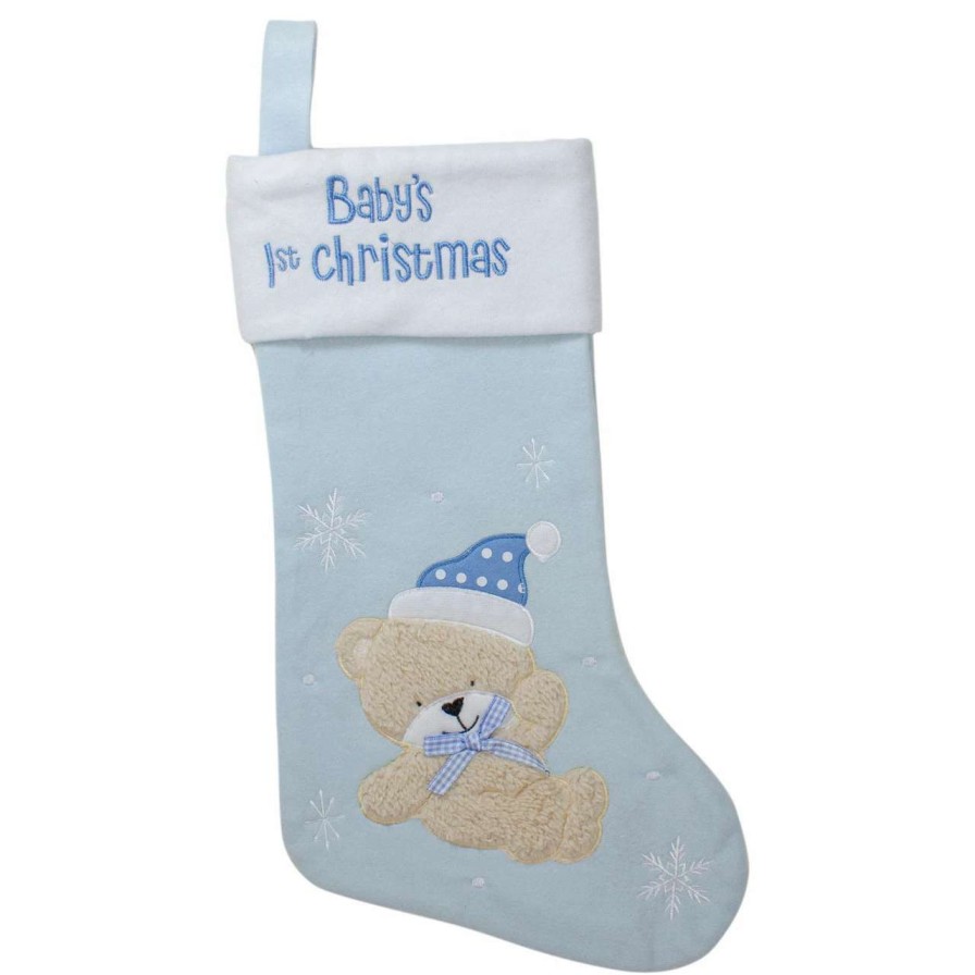 Stockings & Holders * | Northlight 19 Blue And White Baby'S 1St Christmas Embroidered Teddy Bear Christmas Stocking