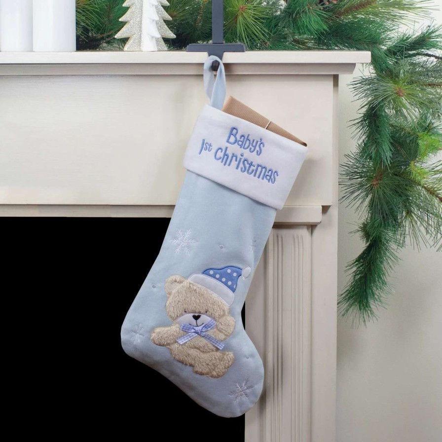 Stockings & Holders * | Northlight 19 Blue And White Baby'S 1St Christmas Embroidered Teddy Bear Christmas Stocking