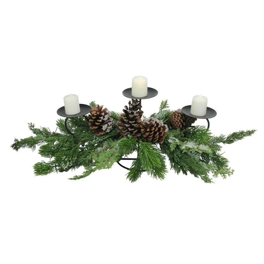 Candles & Lanterns * | Melrose 28 Green And Black Pine Needle Cones Christmas Candle Holder