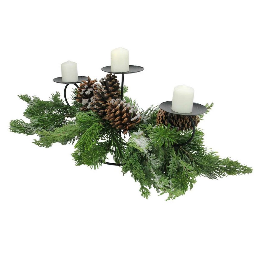 Candles & Lanterns * | Melrose 28 Green And Black Pine Needle Cones Christmas Candle Holder