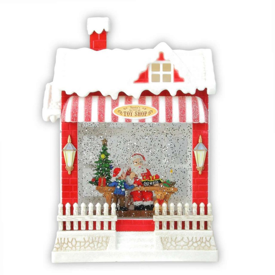 Christmas Village Sets & Accessories * | Raz 10 Red And White Led Glittered Santa'S Toy Shop Building Christmas Tabletop Decor