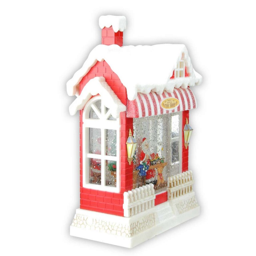 Christmas Village Sets & Accessories * | Raz 10 Red And White Led Glittered Santa'S Toy Shop Building Christmas Tabletop Decor