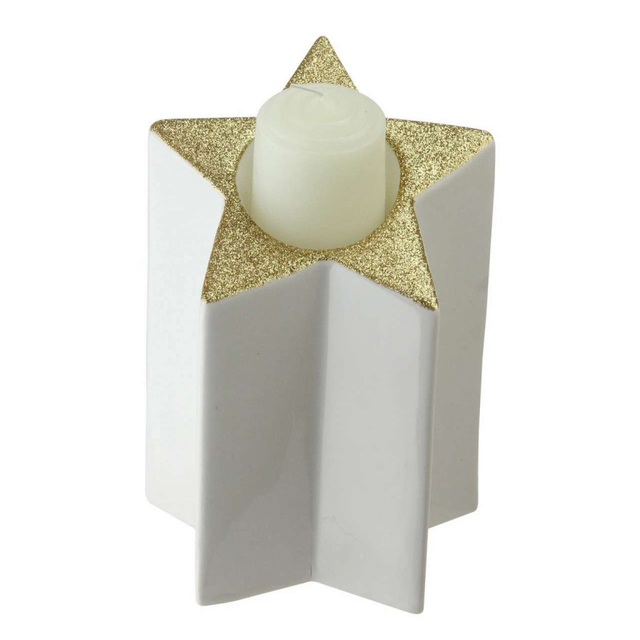 Candles & Lanterns * | Northlight 6.25 Champagne Gold And White Glittered Candle Holder