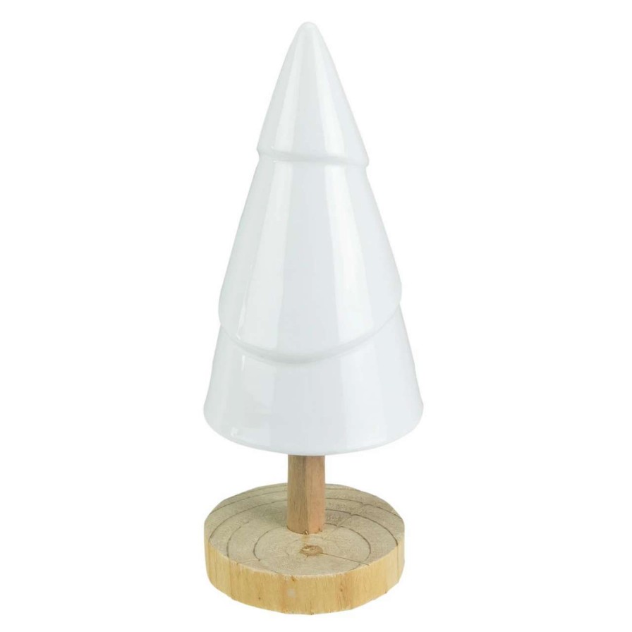 Christmas Table Top Trees * | Northlight 10.5 White Ceramic Tree With Wood Base Christmas Decoration