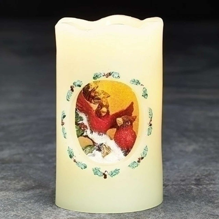 Candles & Lanterns * | Roman 5 Vibrantly Colored Cardinals Scene Flickering Flame-Less Led Candle