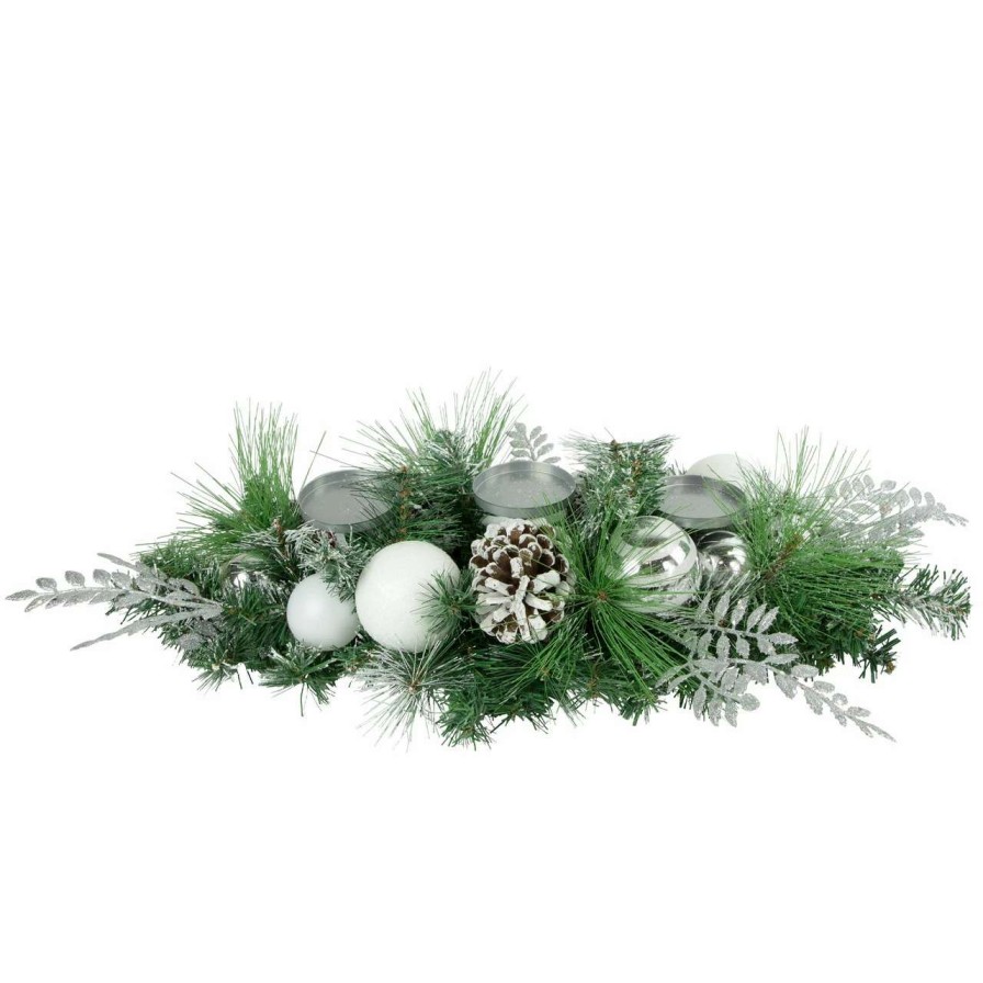 Candles & Lanterns * | Northlight 30 Green Pine And Needle Triple Candle Holder With Pinecones And Christmas Ornaments