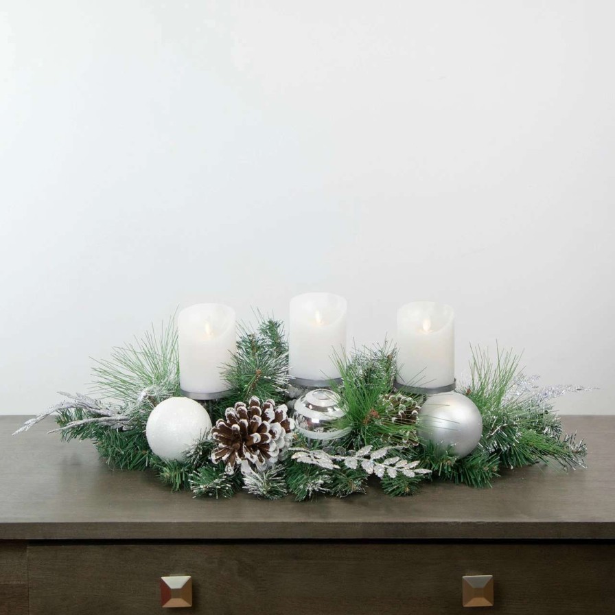 Candles & Lanterns * | Northlight 30 Green Pine And Needle Triple Candle Holder With Pinecones And Christmas Ornaments