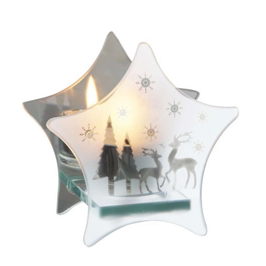 Candles & Lanterns * | Midwest 8.5 Clear Frosted Glass Snowflake Reindeer Mirrored Star Christmas Tea Light Candle Holder