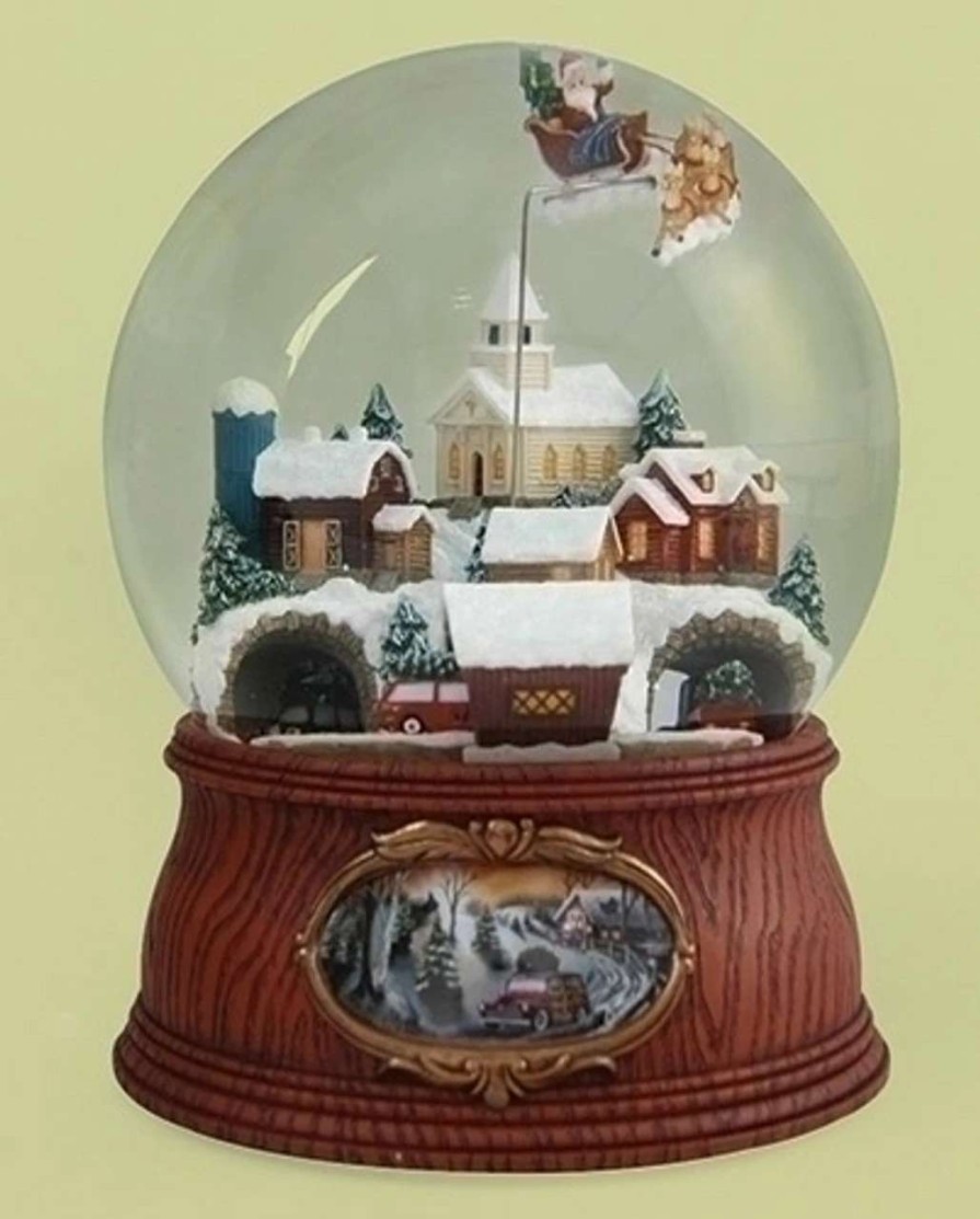 Christmas Village Sets & Accessories * | Roman 7.5 Musical Santa Flying Over Town With Rotating Cars Decorative Christmas Glitterdome