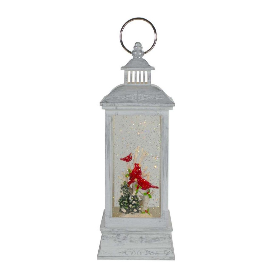 Candles & Lanterns * | Northlight 11 White And Brushed Silver Christmas Cardinals Snow Globe Lantern