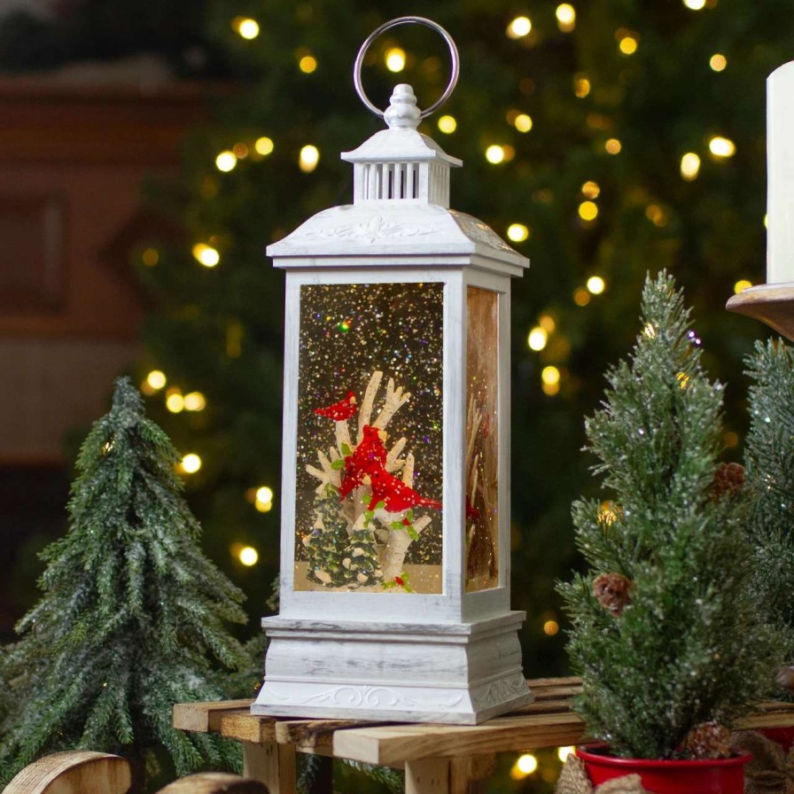 Candles & Lanterns * | Northlight 11 White And Brushed Silver Christmas Cardinals Snow Globe Lantern