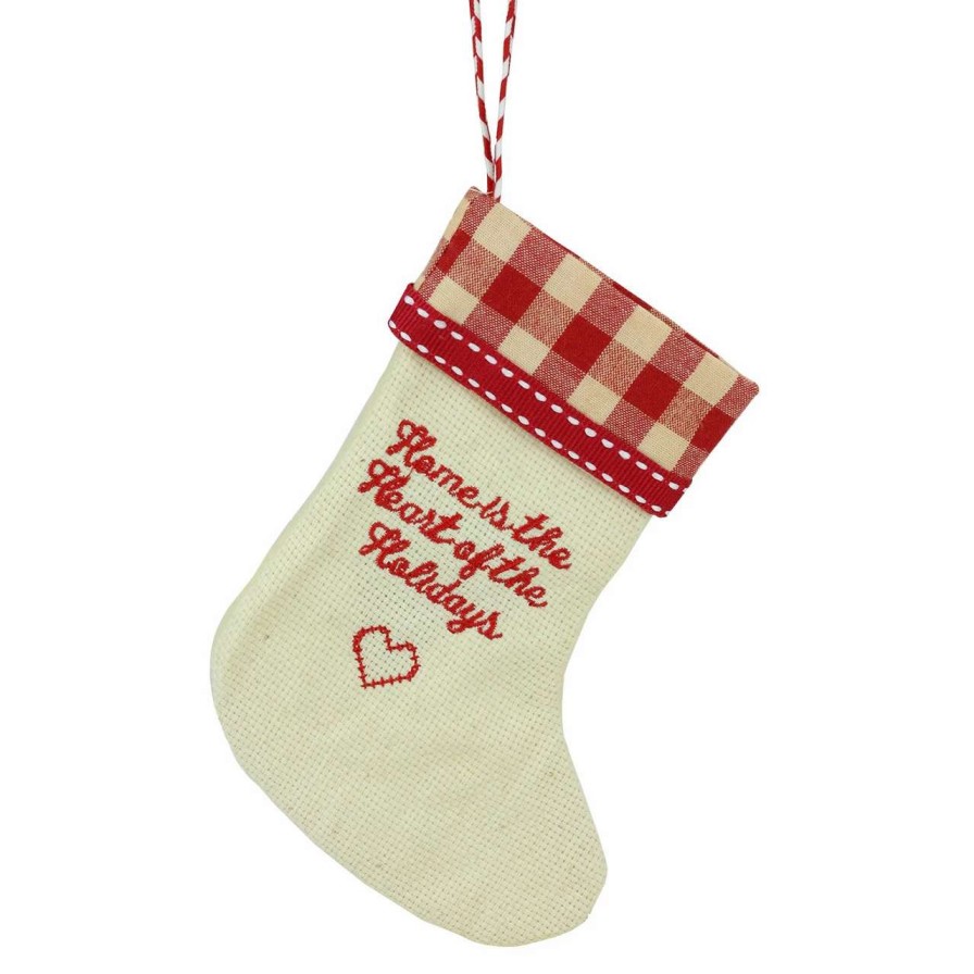 Stockings & Holders * | Roman 6.5 Tan And Red Embroidered Heart Stocking With Gingham Cuff Christmas Ornament