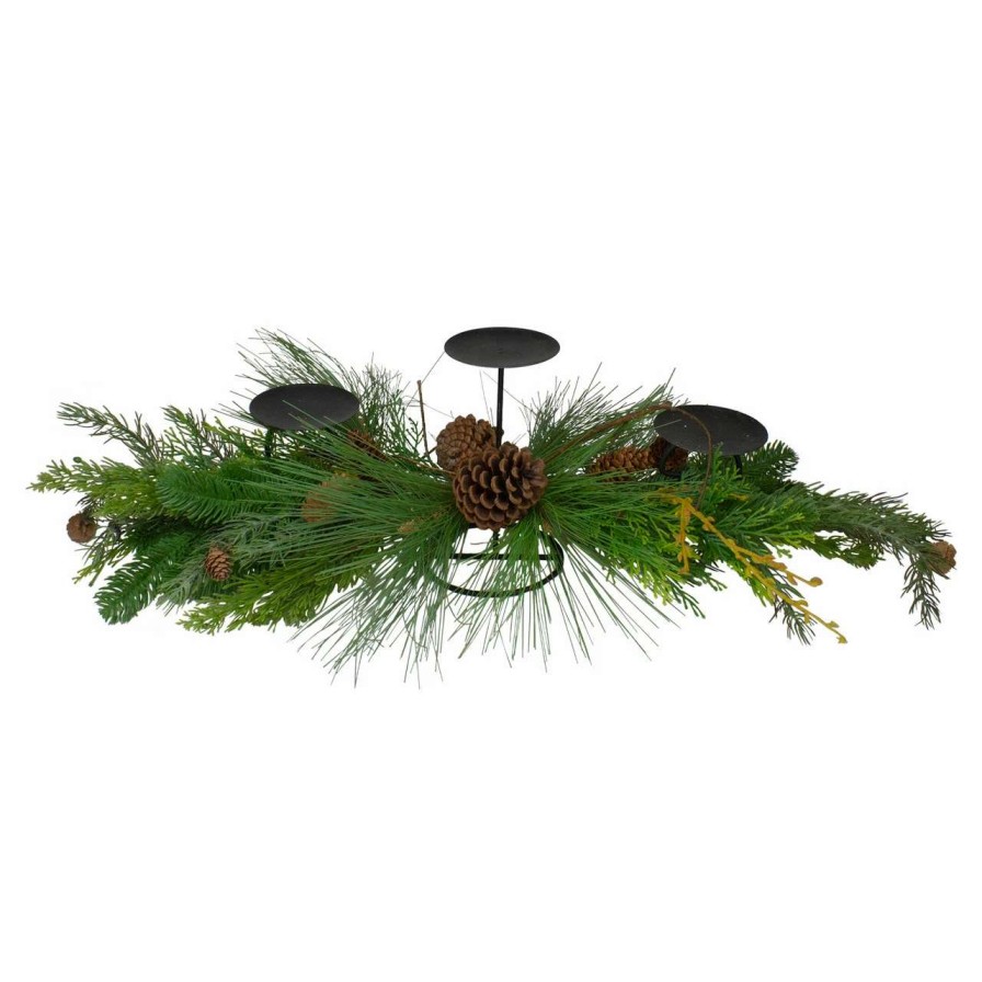 Candles & Lanterns * | Northlight 32 Brown And Green Artificial Pine Cone And Pine Needle Christmas Candle Holder