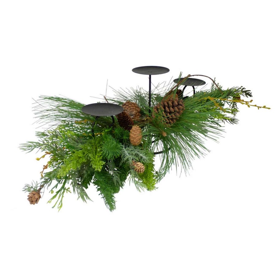 Candles & Lanterns * | Northlight 32 Brown And Green Artificial Pine Cone And Pine Needle Christmas Candle Holder