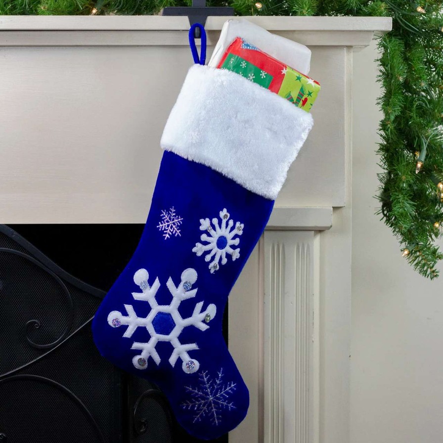 Stockings & Holders * | Northlight 22.25 Blue And White Velveteen Embroidered Christmas Stocking