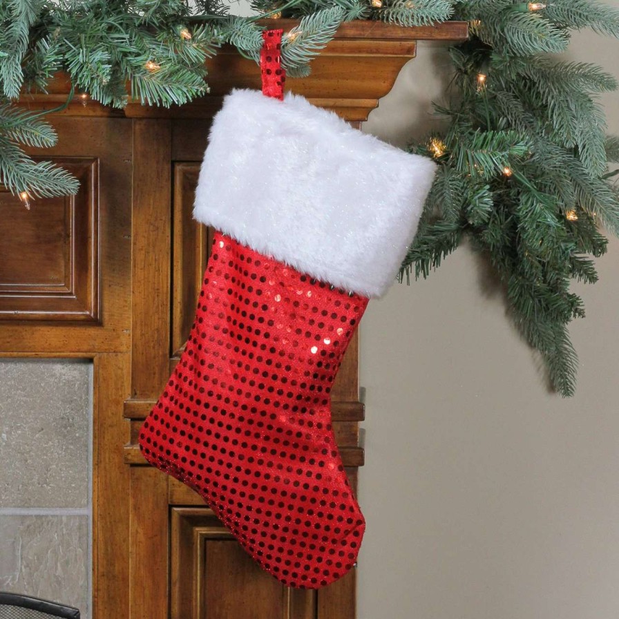 Stockings & Holders * | Northlight 18 Red And White Sequined Traditional Christmas Stocking