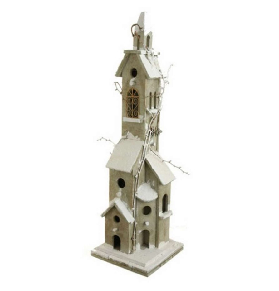 Christmas Village Sets & Accessories * | Raz 30 Pre-Lit Gray And White Weathered Vine Accented Birdhouse Tabletop Christmas Decor