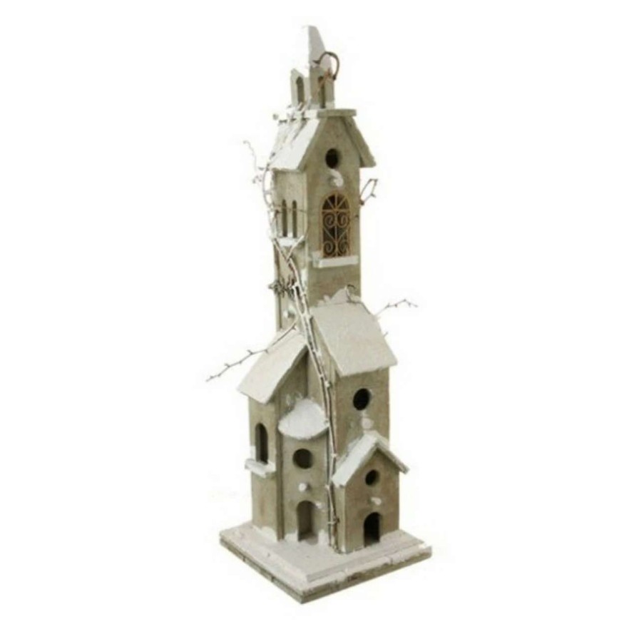 Christmas Village Sets & Accessories * | Raz 30 Pre-Lit Gray And White Weathered Vine Accented Birdhouse Tabletop Christmas Decor