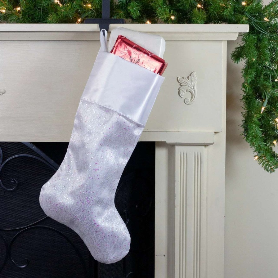 Stockings & Holders * | Northlight 22.25 White With Pink Iridescent Glitter Christmas Stocking With Satin Cuff