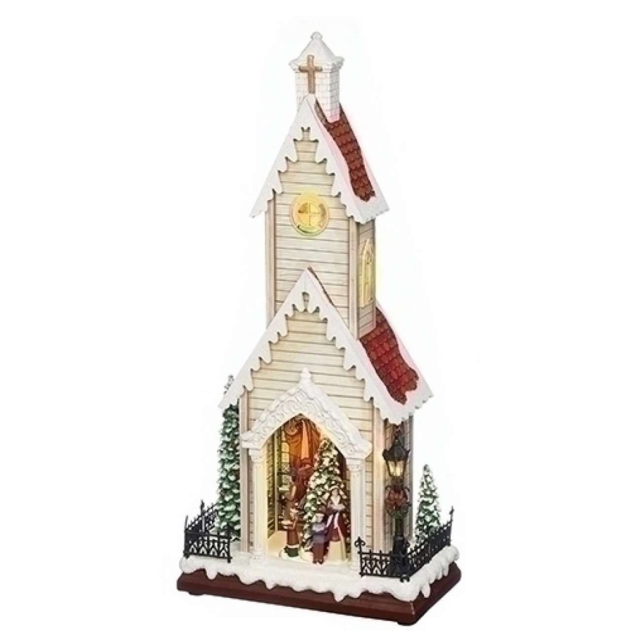 Christmas Village Sets & Accessories * | Roman 19 Led Musical Rotating Christmas Tree Church Battery Operated Figurine