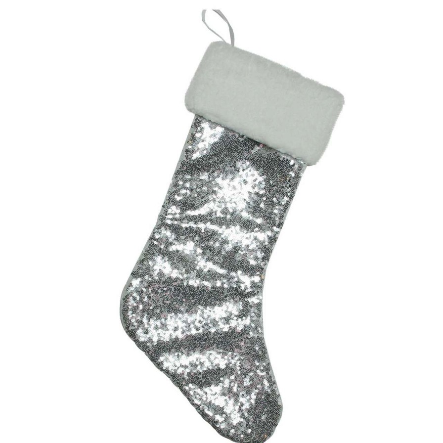 Stockings & Holders * | Northlight 18 Silver Sequins With A White Faux Fur Trim Christmas Stocking