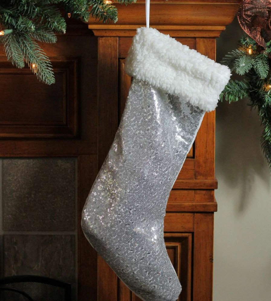 Stockings & Holders * | Northlight 18 Silver Sequins With A White Faux Fur Trim Christmas Stocking