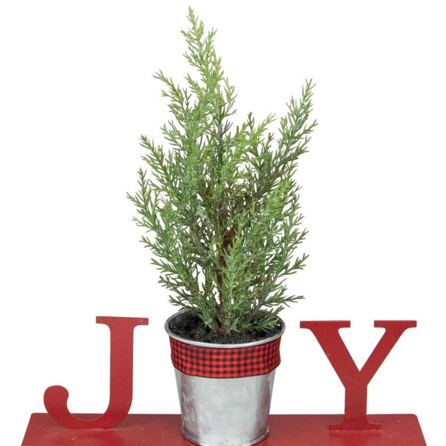 Christmas Village Sets & Accessories * | Northlight 10 Red "Joy" Potted Faux Pine In Metal Planter Christmas Tabletop Plaque