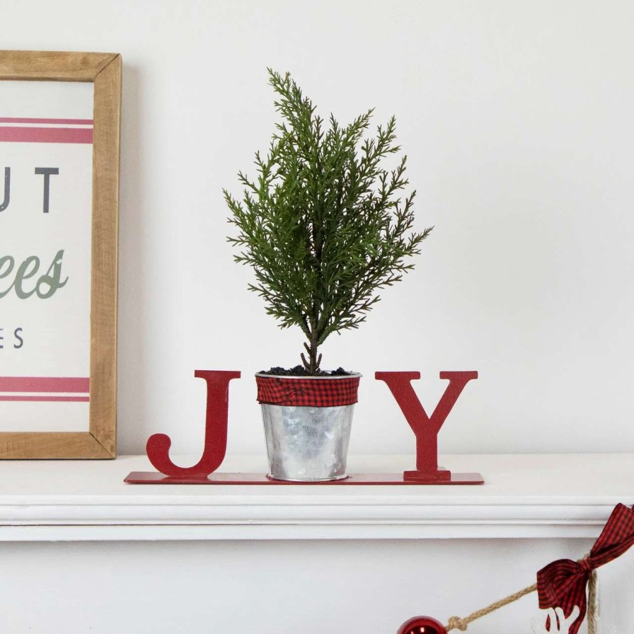 Christmas Village Sets & Accessories * | Northlight 10 Red "Joy" Potted Faux Pine In Metal Planter Christmas Tabletop Plaque