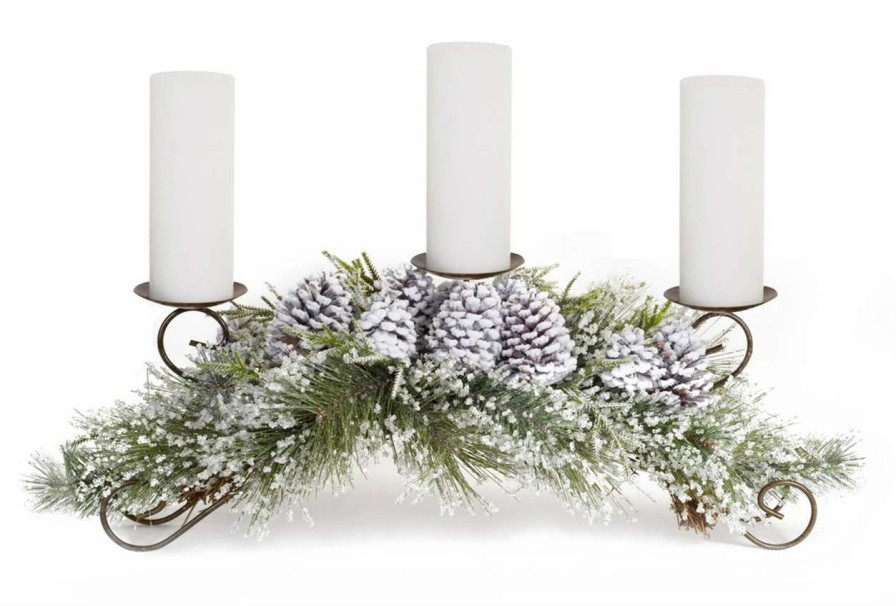 Candles & Lanterns * | Contemporary Home Living 22 White And Green Snowy Pine Pillar Candle Holder