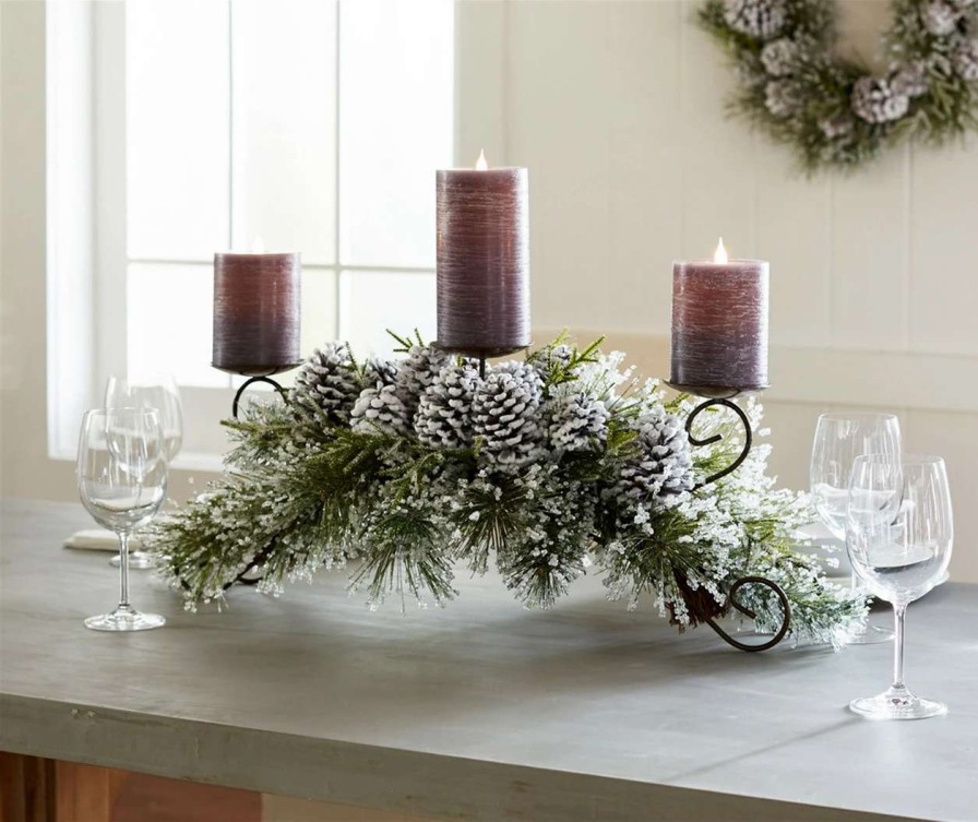 Candles & Lanterns * | Contemporary Home Living 22 White And Green Snowy Pine Pillar Candle Holder