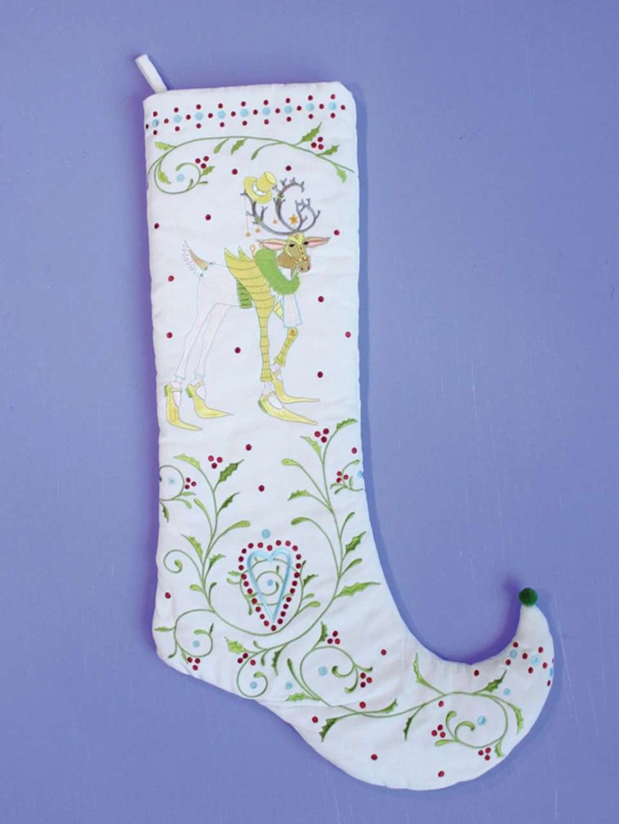 Stockings & Holders * | Patience Brewster 28 White And Green Prancer Embroidered Christmas Stocking