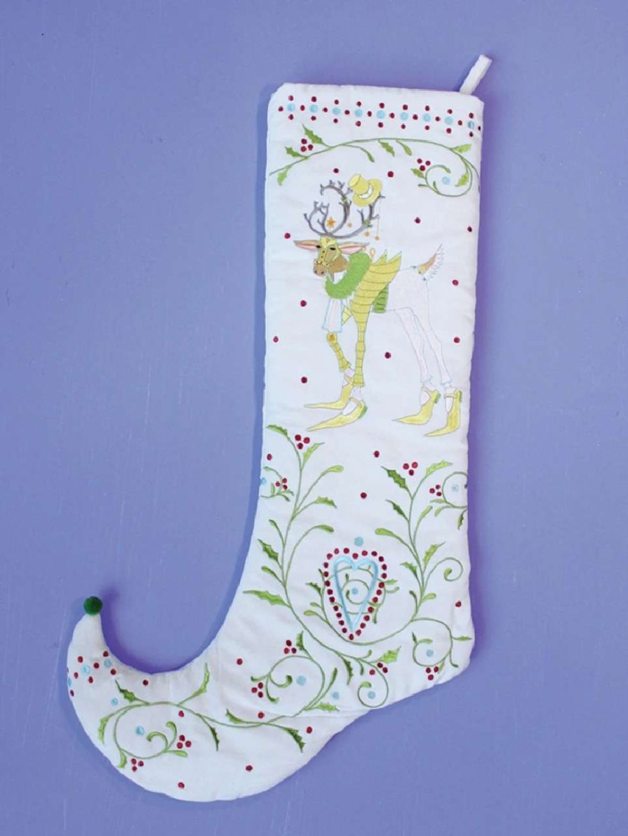 Stockings & Holders * | Patience Brewster 28 White And Green Prancer Embroidered Christmas Stocking