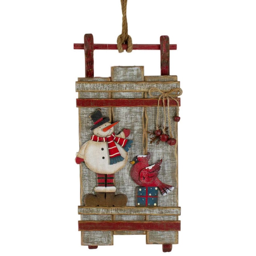 Christmas Village Sets & Accessories * | Northlight 15.25 Brown And Red Wooden Snowman Sleigh Christmas Wall Decor