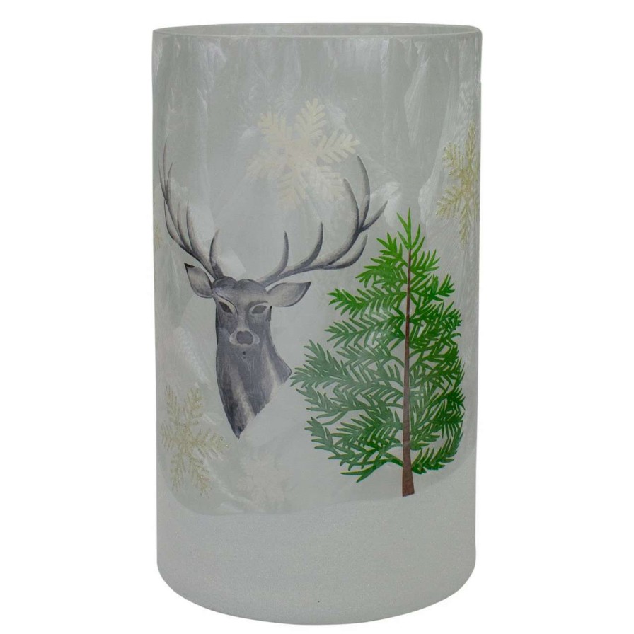 Candles & Lanterns * | Northlight 10 Deer, Pine And Snowflakes Hand Painted Flameless Glass Christmas Candle Holder