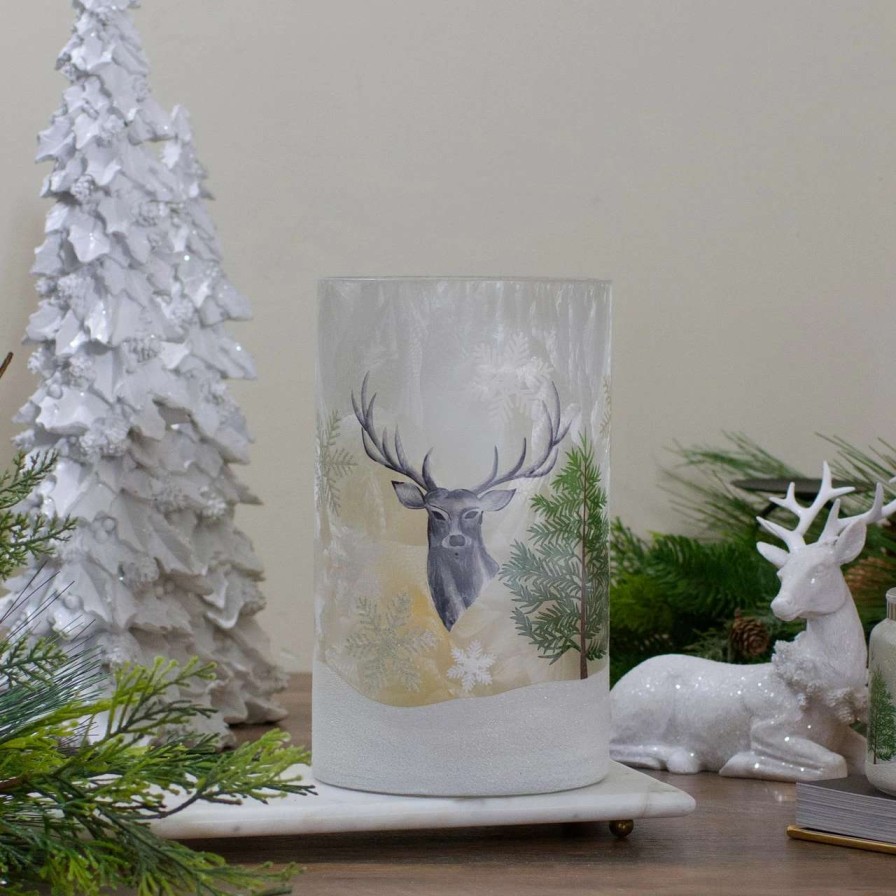 Candles & Lanterns * | Northlight 10 Deer, Pine And Snowflakes Hand Painted Flameless Glass Christmas Candle Holder