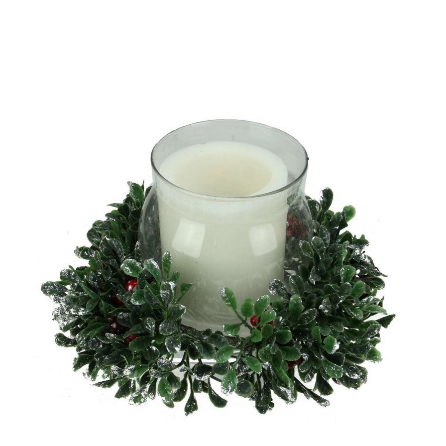 Candles & Lanterns * | Northlight 6 Clear And Green Boxwood With Berry Tipped Christmas Hurricane Pillar Candle Holder