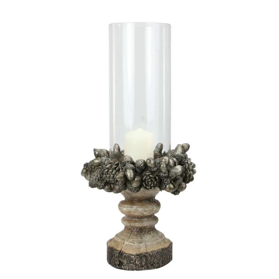 Candles & Lanterns * | Raz 13 Rustic Acorn And Pinecone Tree Pillar Candle Holder With Glass Case