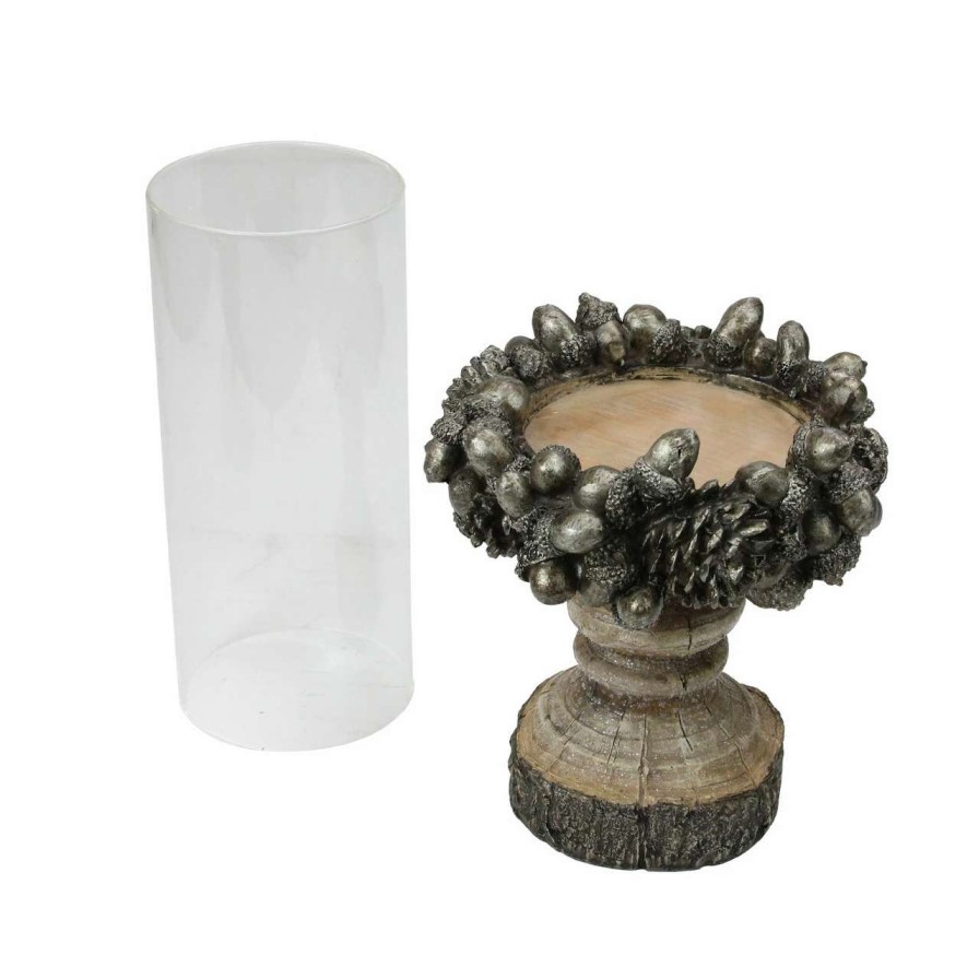 Candles & Lanterns * | Raz 13 Rustic Acorn And Pinecone Tree Pillar Candle Holder With Glass Case