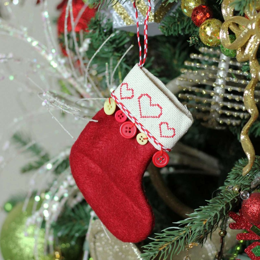 Stockings & Holders * | Roman 6.5 Red And Tan Embroidered Hearts And Buttons Christmas Stocking Ornament