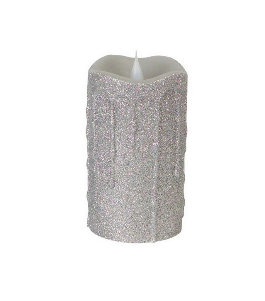 Candles & Lanterns * | Melrose 5.25 Pre-Lit Silver Glittering Flameless Led Christmas Pillar Candle