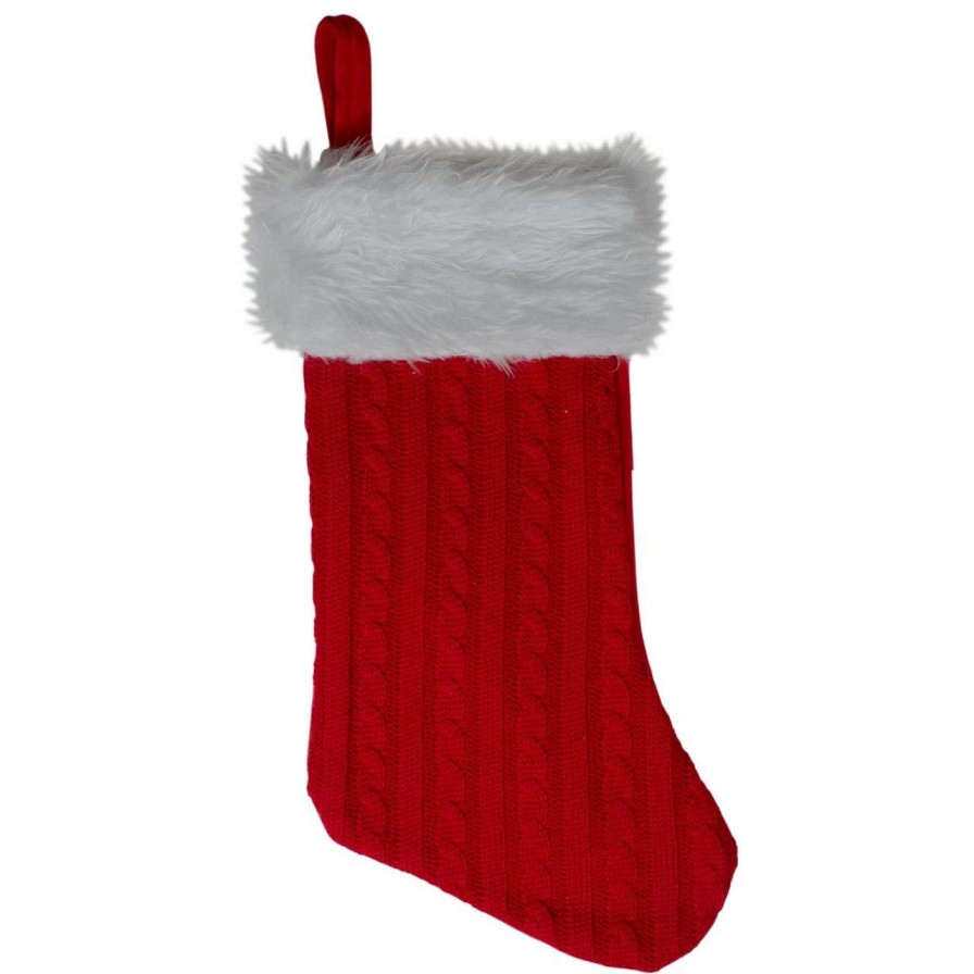 Stockings & Holders * | Northlight 19 Red And White Cable Knit And Faux Fur Cuff Christmas Stocking