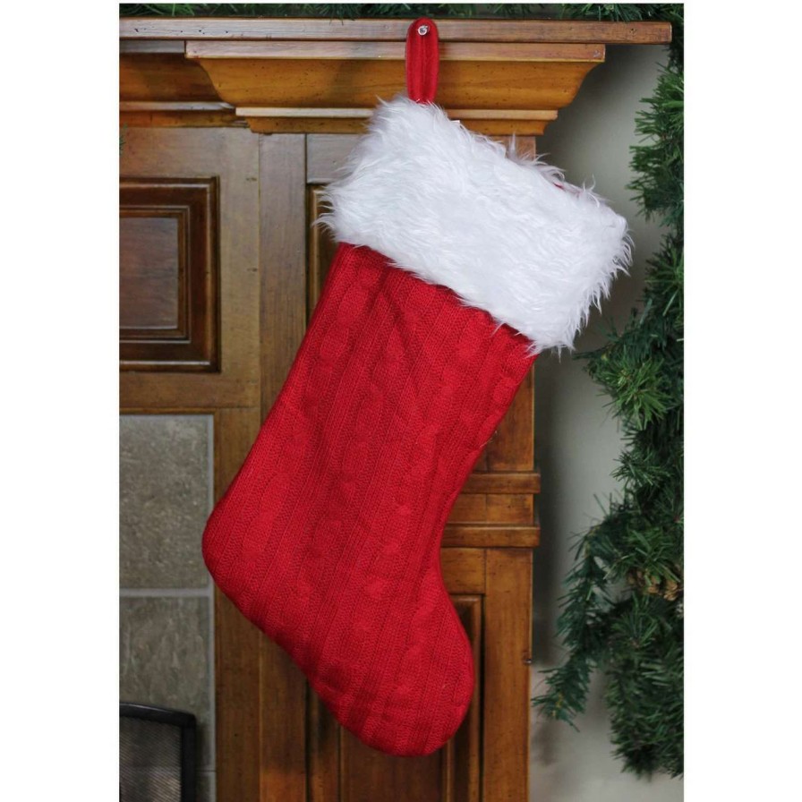 Stockings & Holders * | Northlight 19 Red And White Cable Knit And Faux Fur Cuff Christmas Stocking