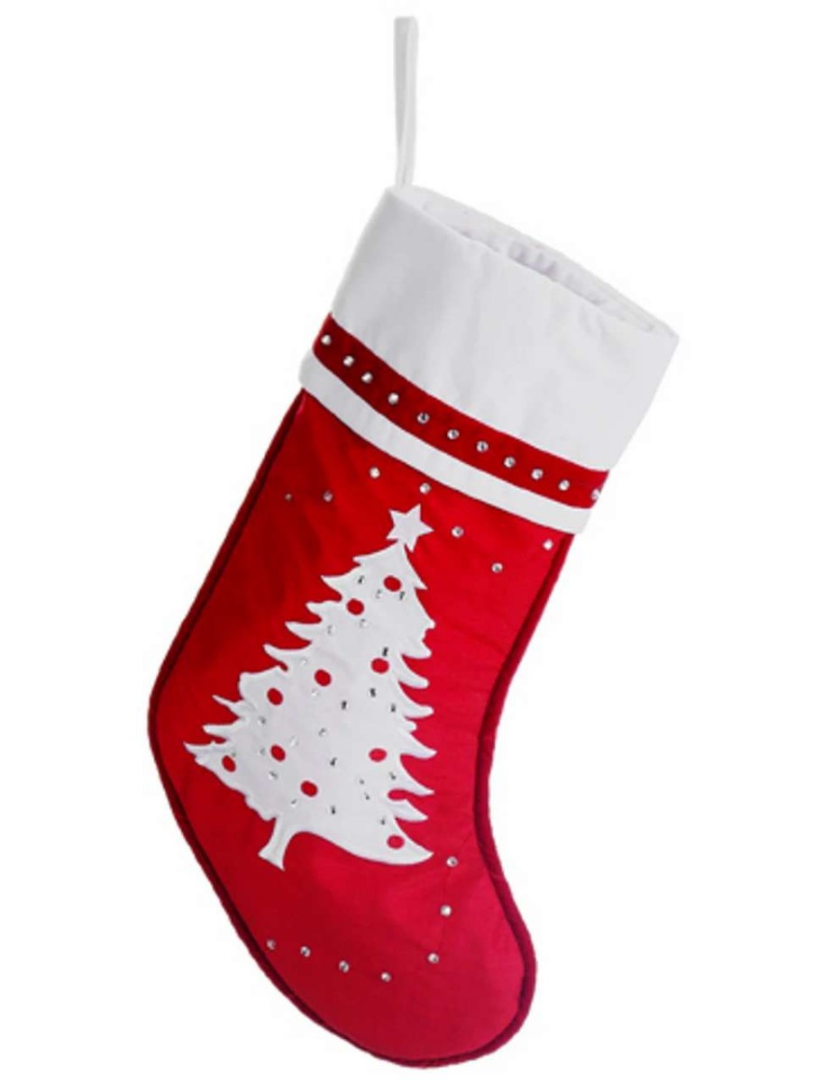 Stockings & Holders * | Allstate 22 Red And White Embroidered Tree With Rhinestones Christmas Stocking