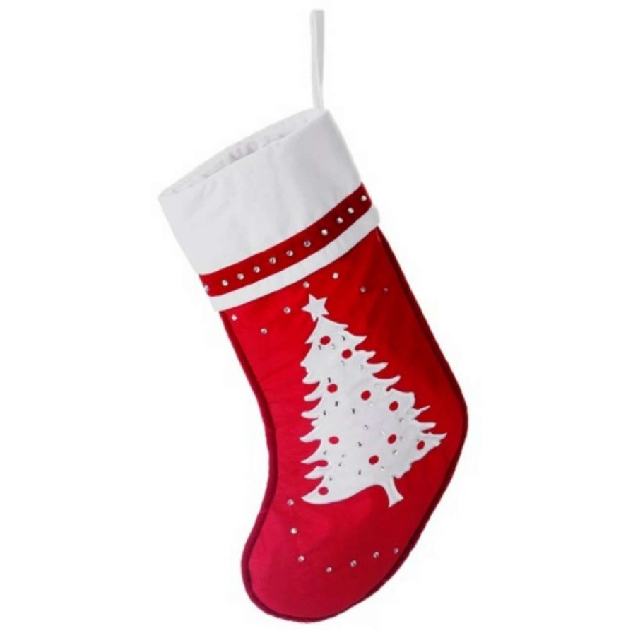 Stockings & Holders * | Allstate 22 Red And White Embroidered Tree With Rhinestones Christmas Stocking