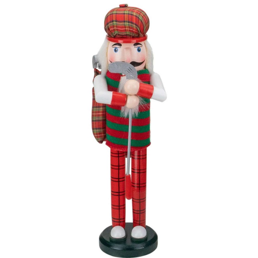 Figures * | Nutcracker Factory 14 Red And Green Plaid Wooden Golfer Christmas Nutcracker