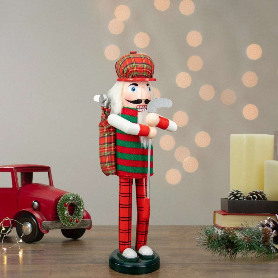 Figures * | Nutcracker Factory 14 Red And Green Plaid Wooden Golfer Christmas Nutcracker