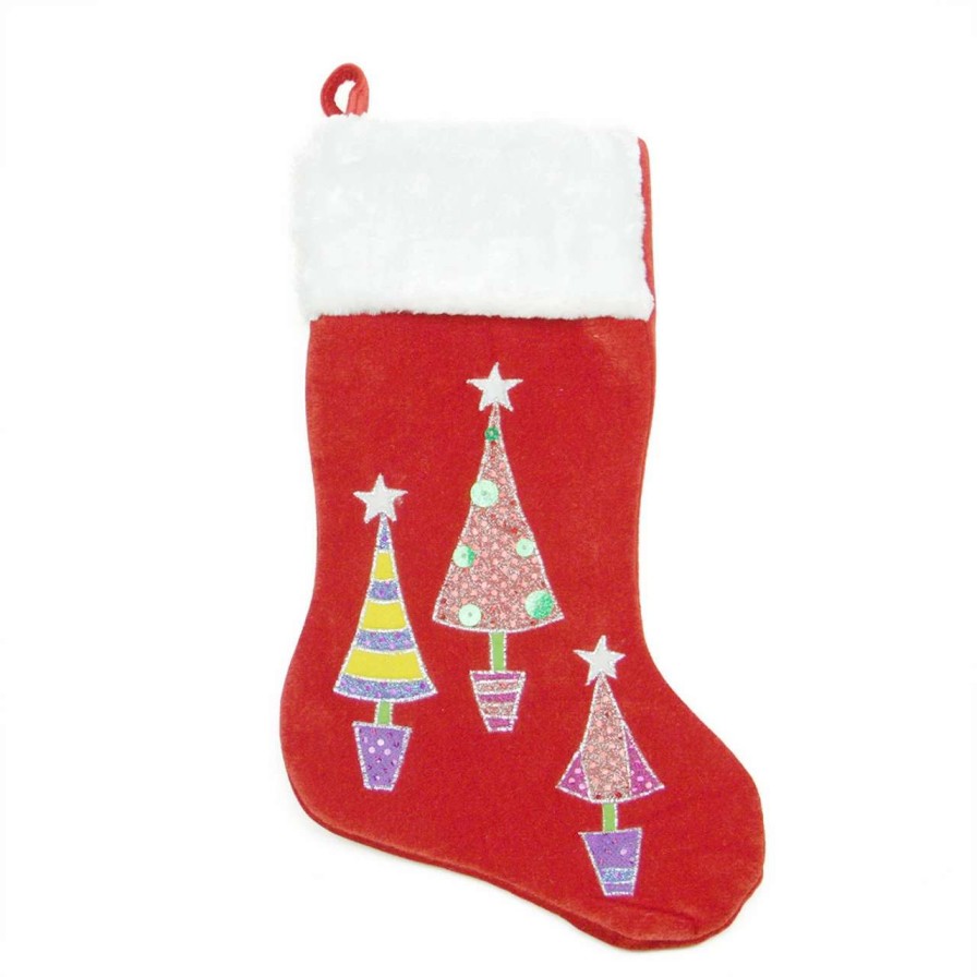 Stockings & Holders * | Northlight 20 Red And White Embroidered Velveteen Cuff Christmas Tree Stocking