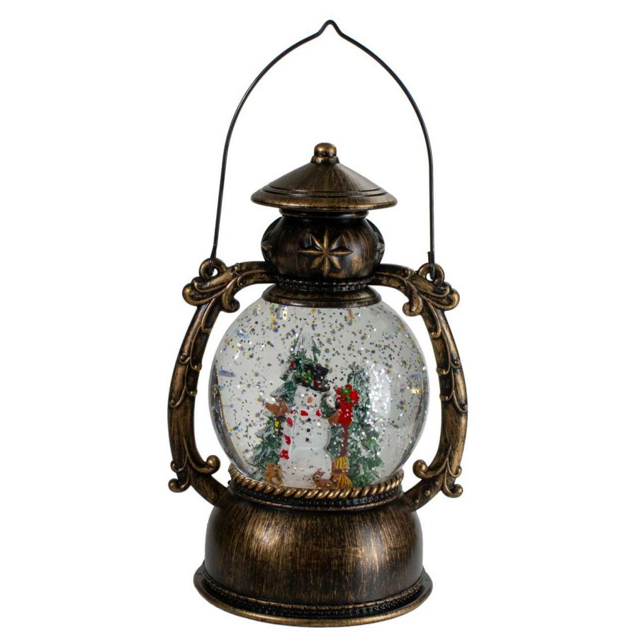 Candles & Lanterns * | Northlight 8-Inch Black With Brushed Gold Led Snowman And Christmas Trees Snow Globe Lantern