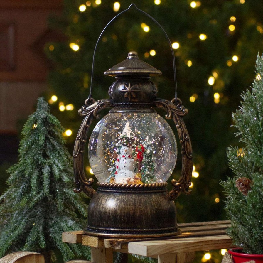 Candles & Lanterns * | Northlight 8-Inch Black With Brushed Gold Led Snowman And Christmas Trees Snow Globe Lantern